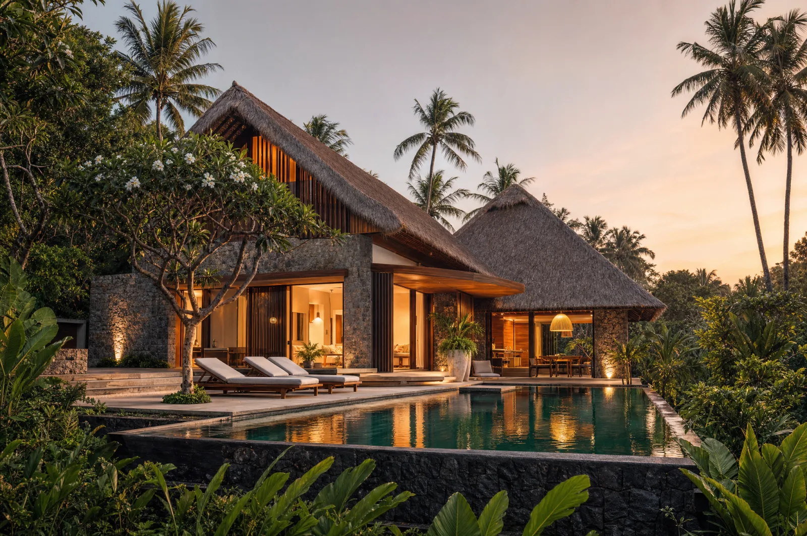 Private pool of the AMANI villa in this location surrounded by tropical greenery — an investment property in Bali