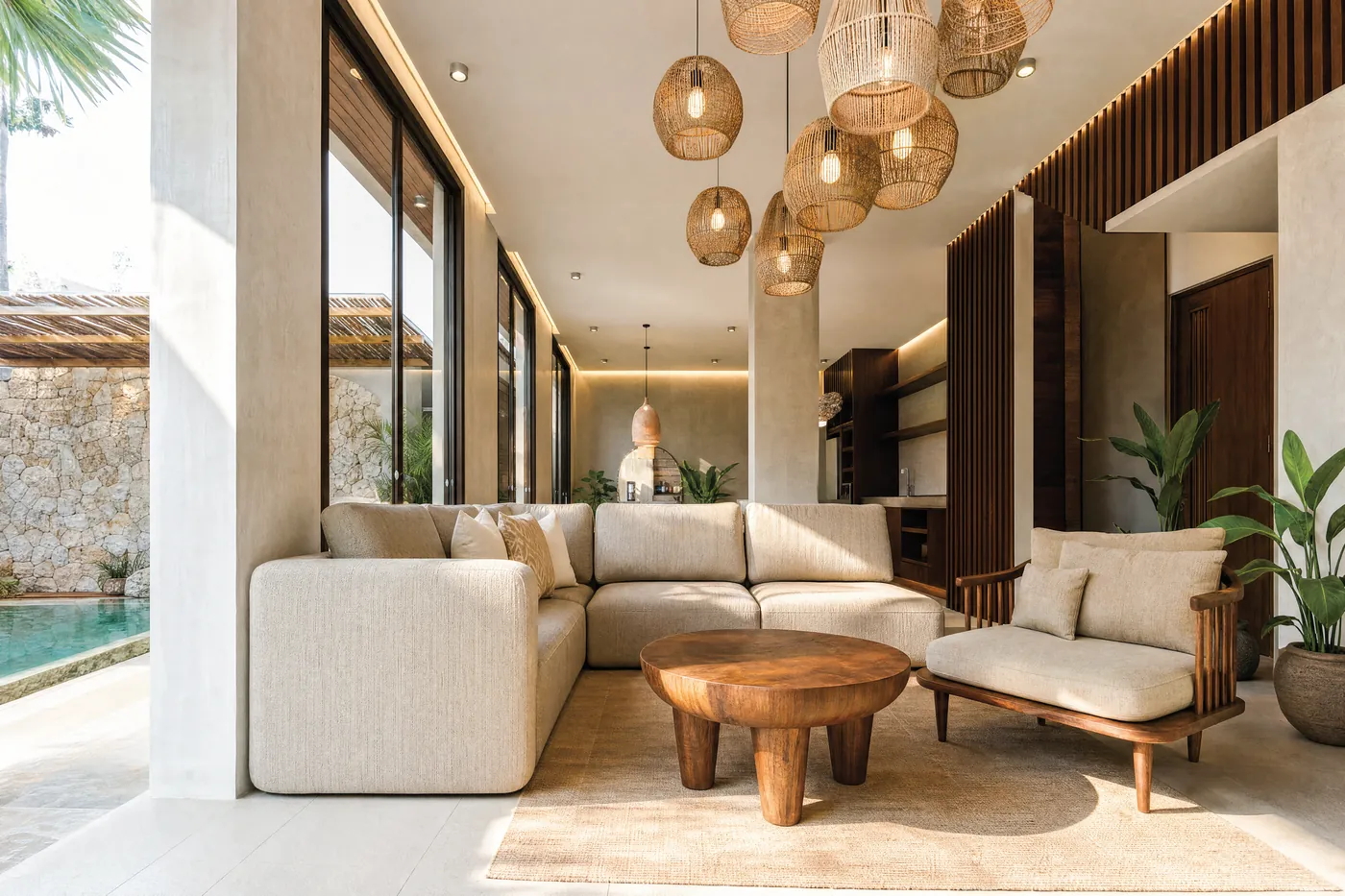 Villa Seseh — living area with pool view
